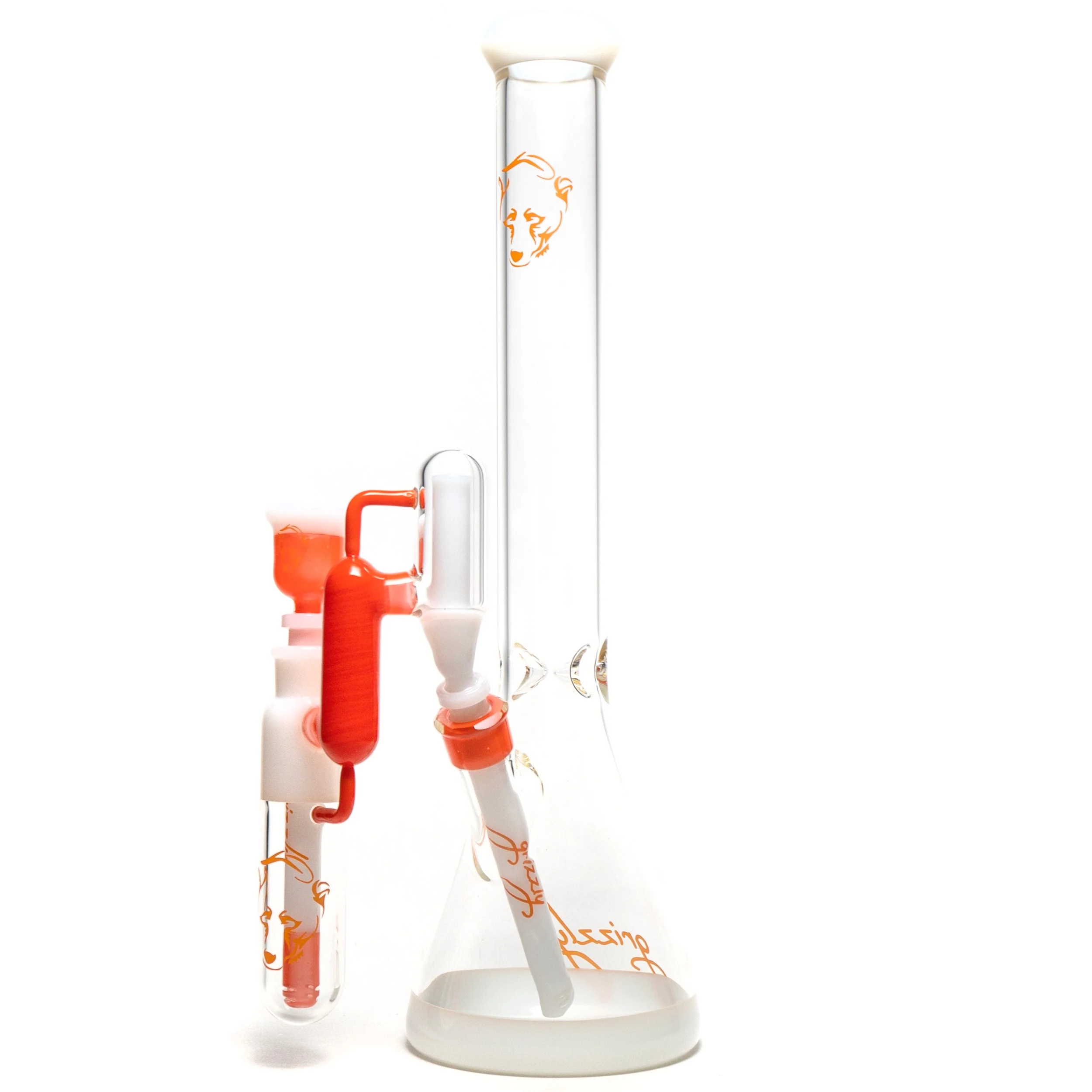 Grizzly Glass - 18" Beaker Color w/ Ashcatch & Faceted Joint - 50mm - Orange & White Accents