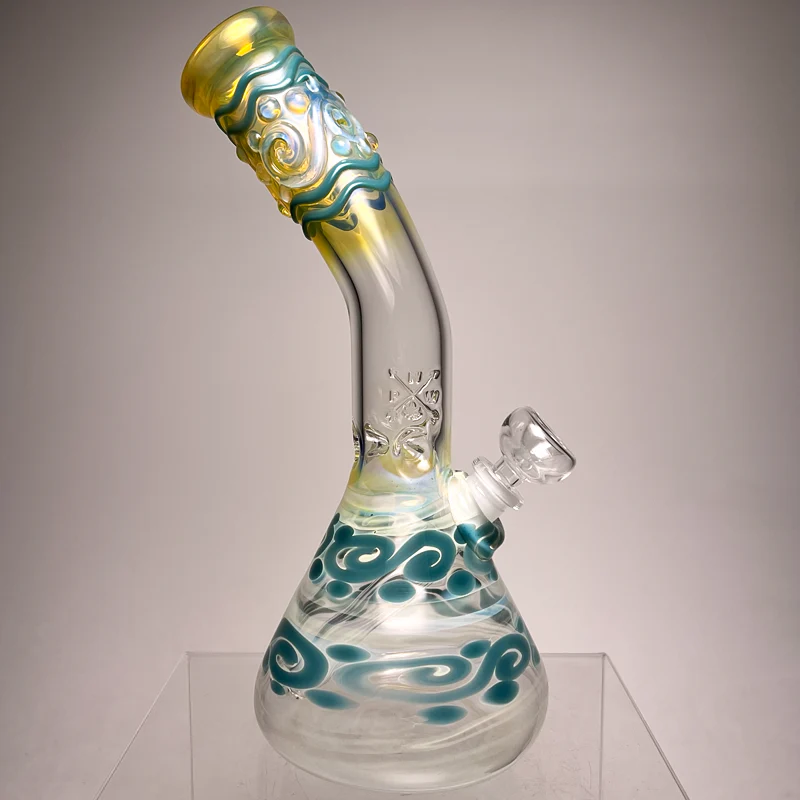 Mary Jane's Glass Studio - 11" Bent Neck Beaker - 38x4 - Fume & Aqua #2