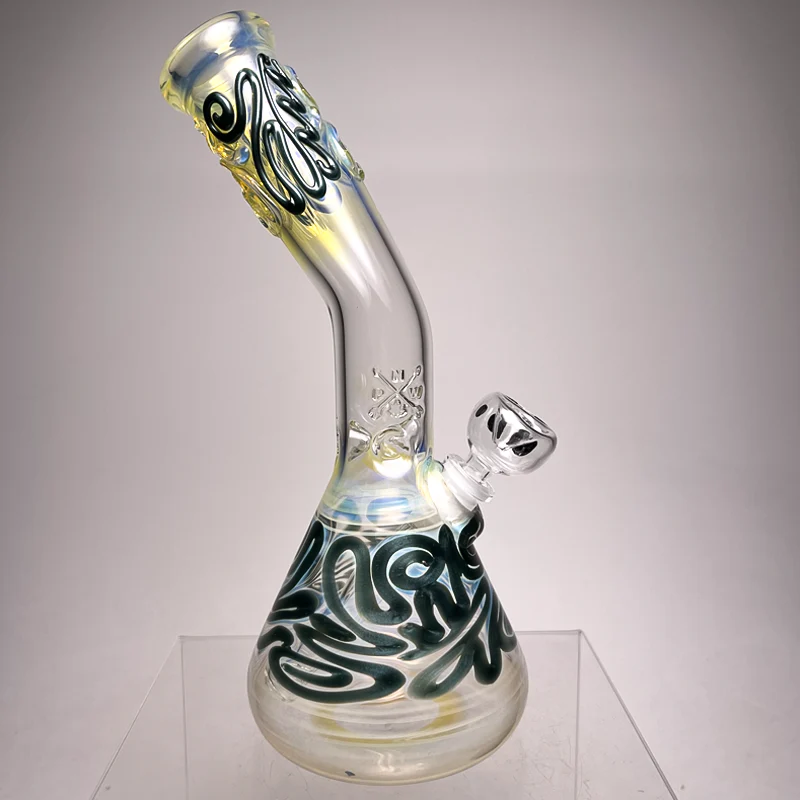Mary Jane's Glass Studio - 11" Bent Neck Beaker - 38x4 - Fume & Sparkle Blue