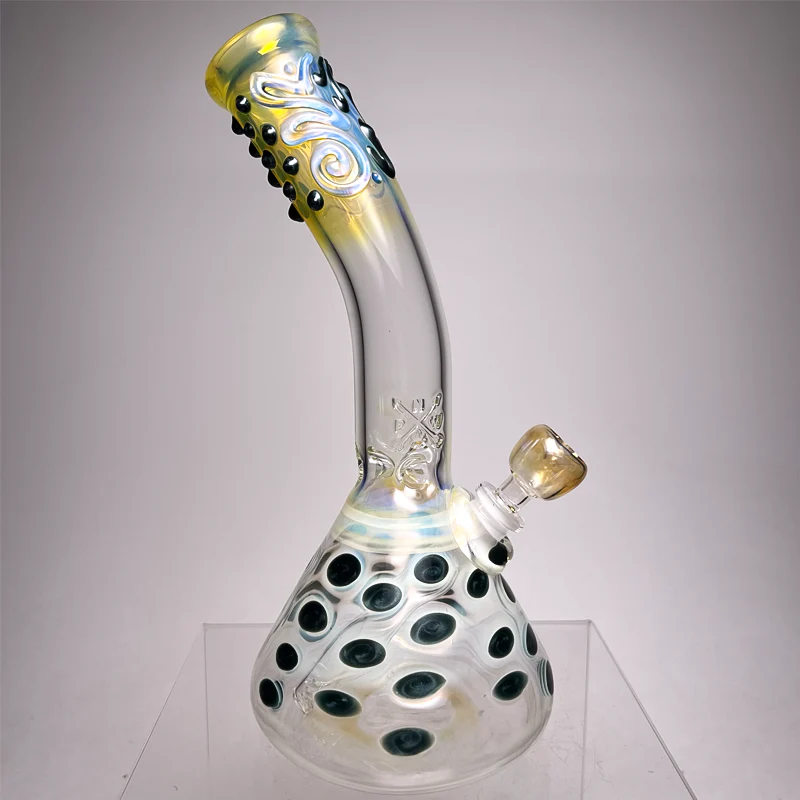 Mary Jane's Glass Studio - 11" Bent Neck Beaker - 38x4 - Fume & Sparkle Blue Dot