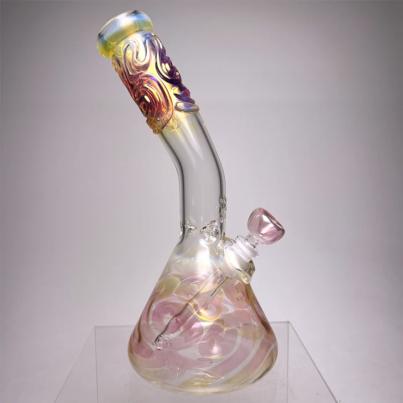 Mary Jane's Glass Studio - 11" Bent Neck Beaker - 38x4 - Gold & Silver Fume