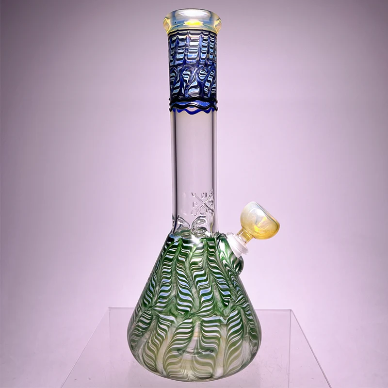 Mary Jane's Glass Studio - 12" Beaker - 38x4 - Fume W&R Dark Green & Blue