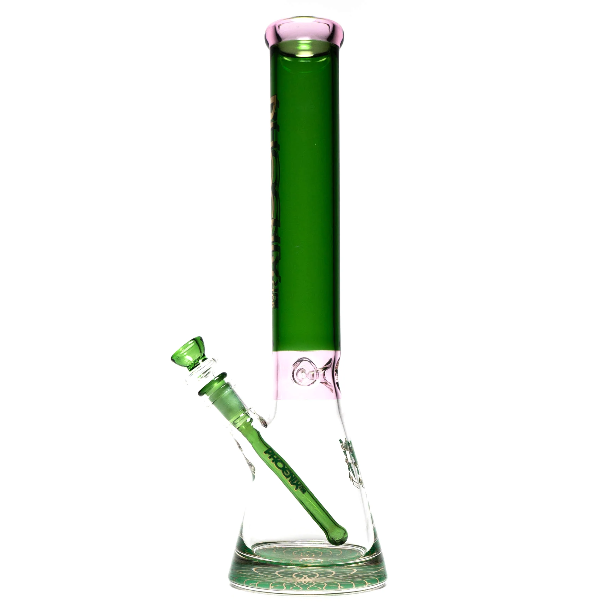 Phoenix Star - 16" Beaker w/ Ice Pinch - 7mm - Green & Pink - Image 2