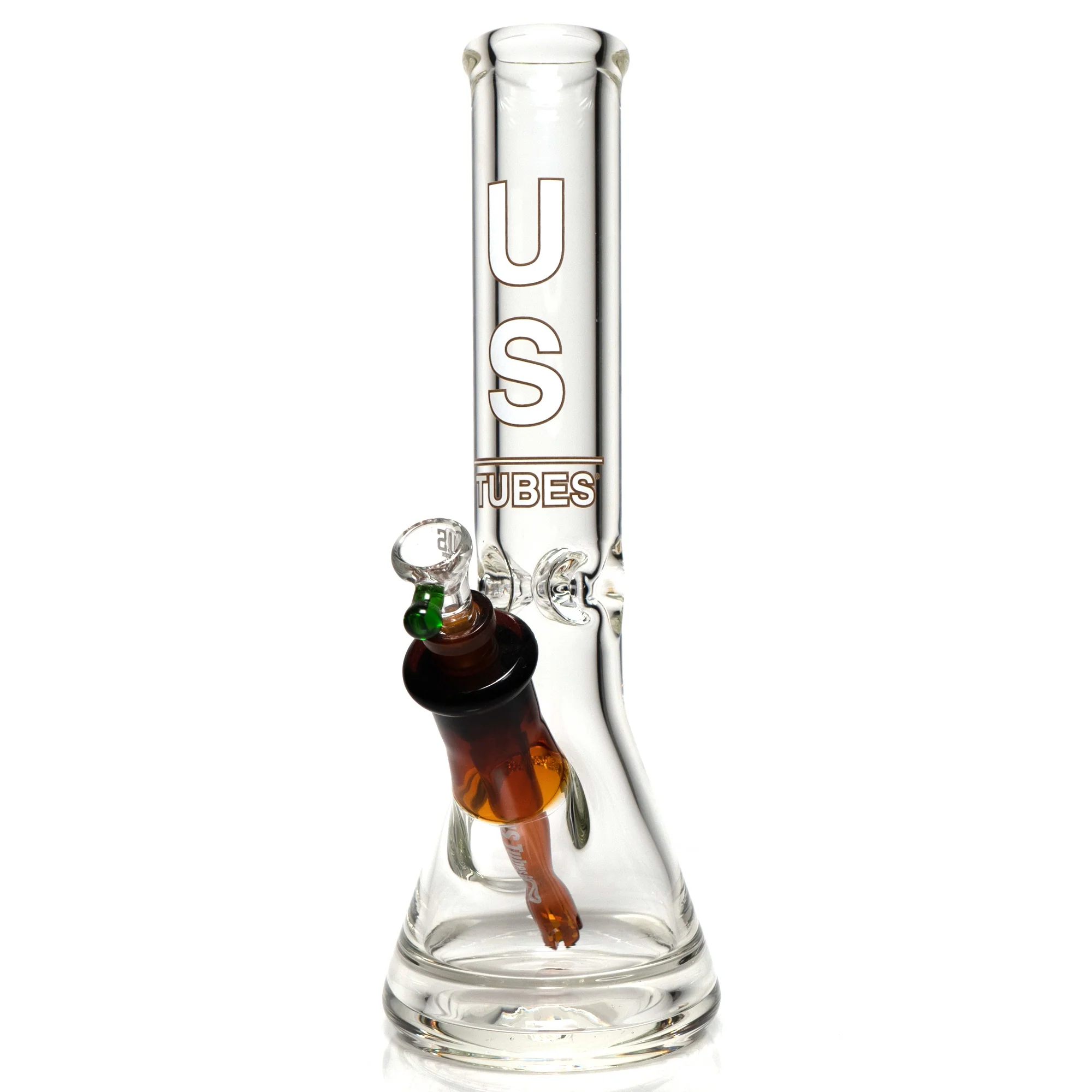 US Tubes - 13" Beaker 50x9 - White & Brown Vertical Label w/ Amber Joint
